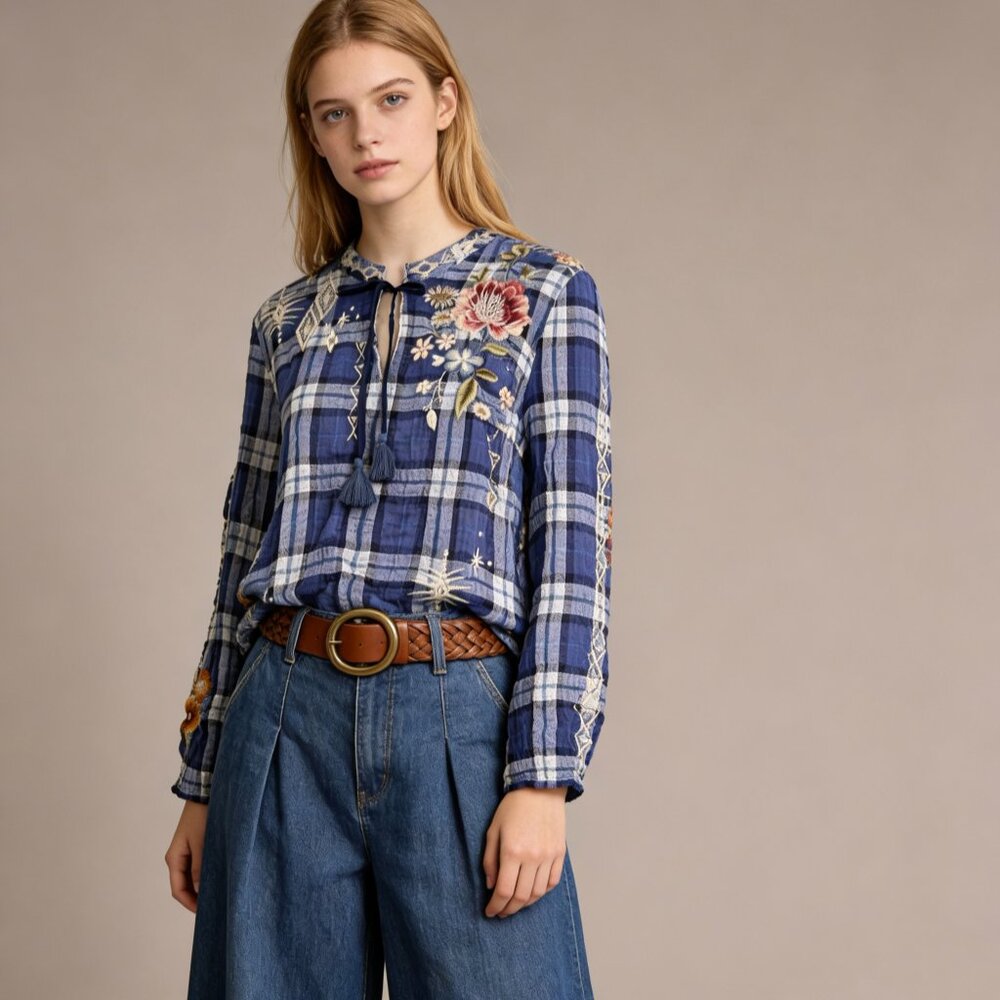 NWOT Johnny Was Embroidered Floral Plaid Silk Contrasting Back Blouse Size S